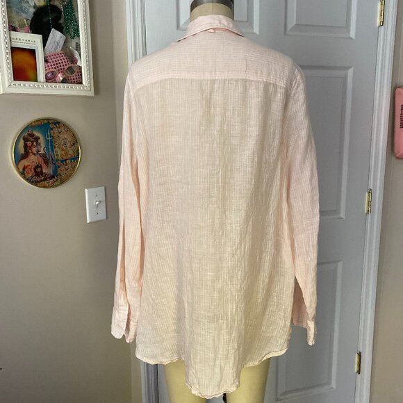 LUCKY BRAND Pink White Pin Stripe 100% LINEN Long Tunic Shit *MEDIUM* - Picture 5 of 6